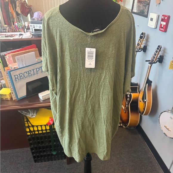 Olive V Neck Dolman Tee Lightweight - Picture 2 of 6
